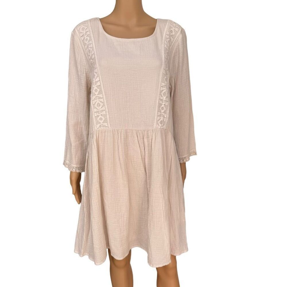 Anthropologie Eri + Ali Ivory cotton Dress Waffle Texture Crochet Macrame Trim L